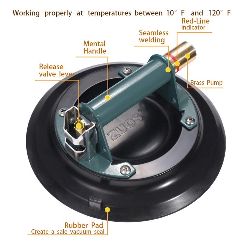 ZUOS 10" Vacuum suction cup for Granite & Glass Lifting, Glass Suction Cup Vacuum Lifter with Metal Handle and Brass Pump,760lbs Load Capacity (10" -Mental) - Image 2